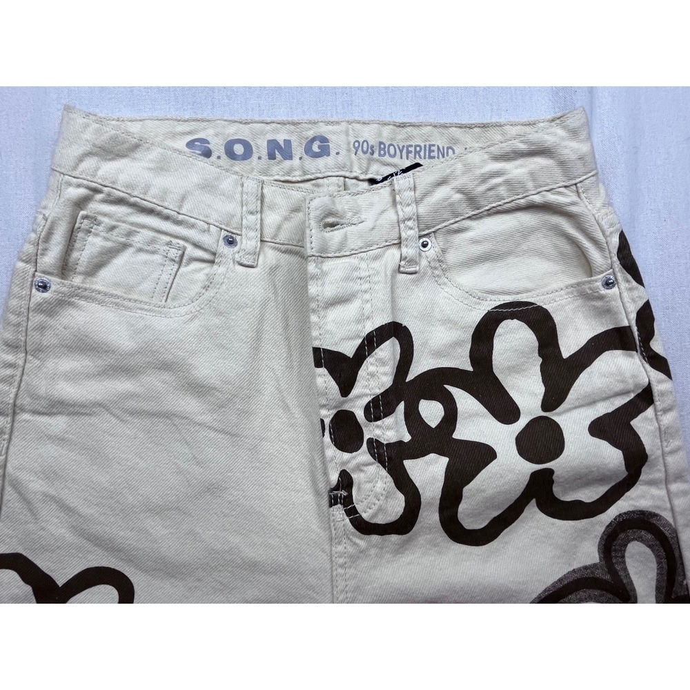 SONG 90s Boyfriend Jeans Womens 5/27 Cream Brown Floral Print Button Fly Cotton